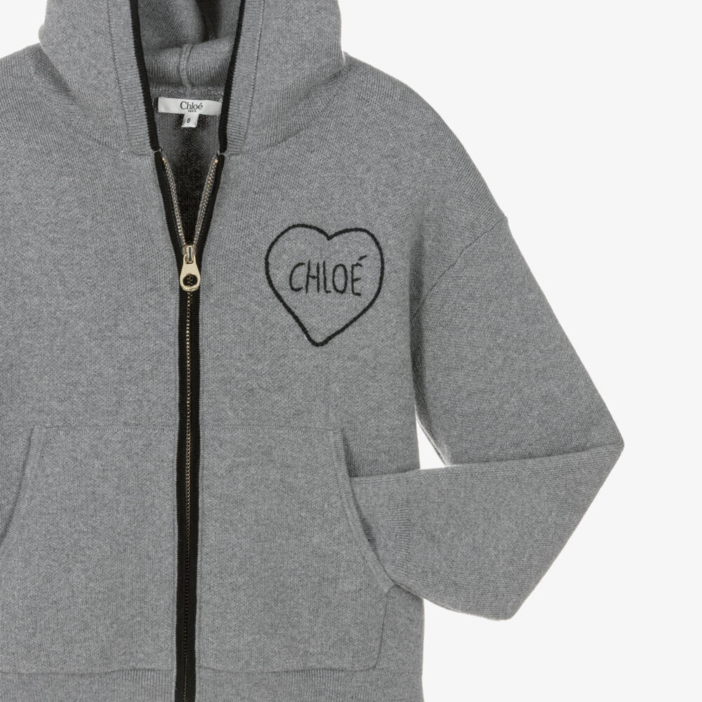 Chloé-Girls Grey Cotton Knit Zip-Up Top | Childrensalon