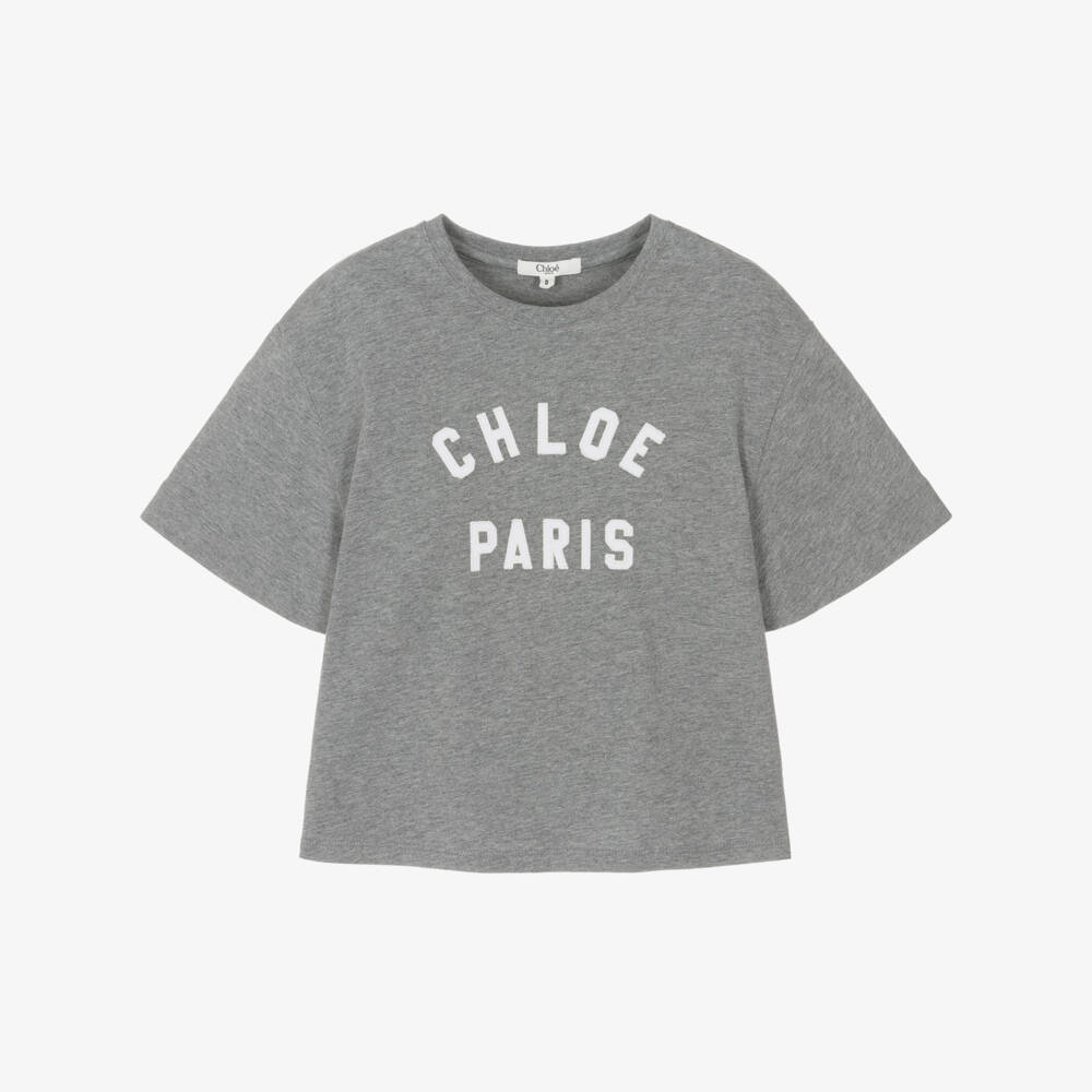 Chloé-Girls Grey Cotton Varsity Logo T-Shirt | Childrensalon