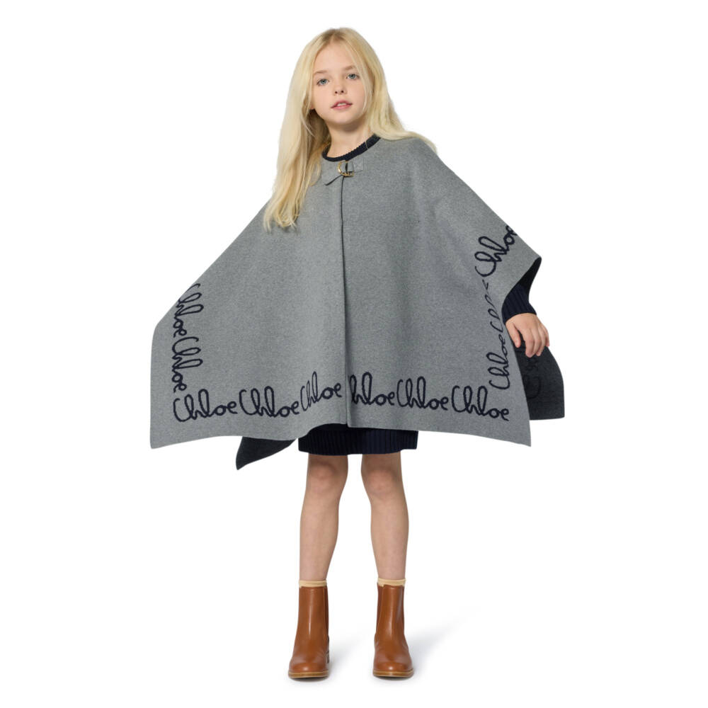 Chloé - Girls Grey Cotton & Wool Knit Cape | Childrensalon
