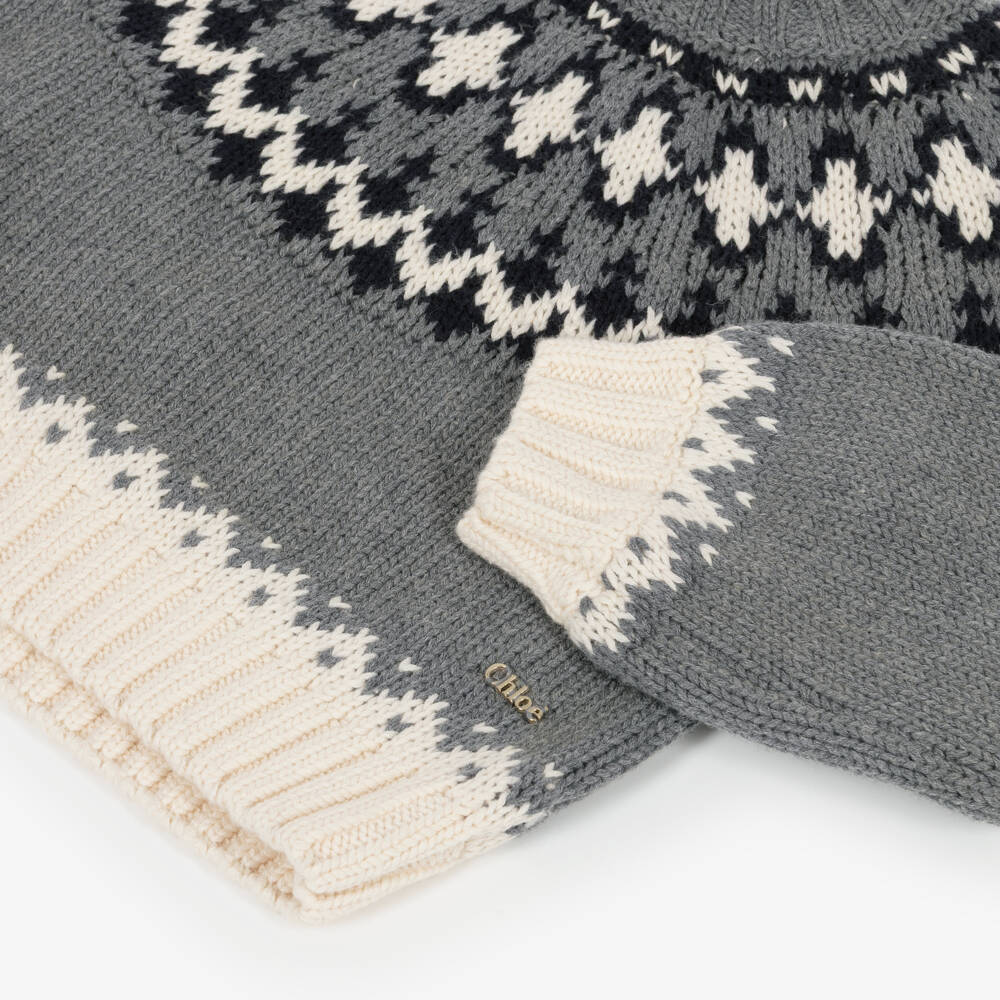 Chloé-Girls Grey Cotton & Wool Knit Fair Isle Sweater | Childrensalon