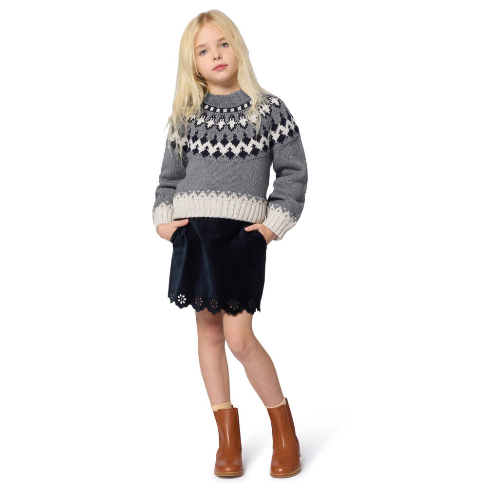 Chloé-Girls Grey Cotton & Wool Knit Fair Isle Sweater | Childrensalon
