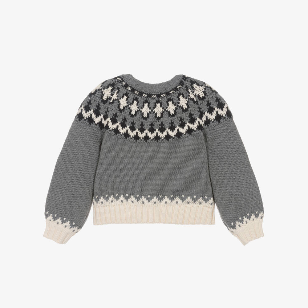 Chloé-Girls Grey Cotton & Wool Knit Fair Isle Sweater | Childrensalon