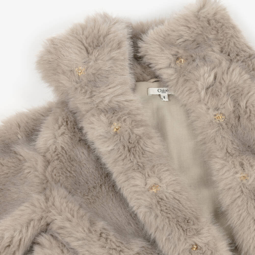 Chloé-Girls Grey Faux Fur Coat | Childrensalon