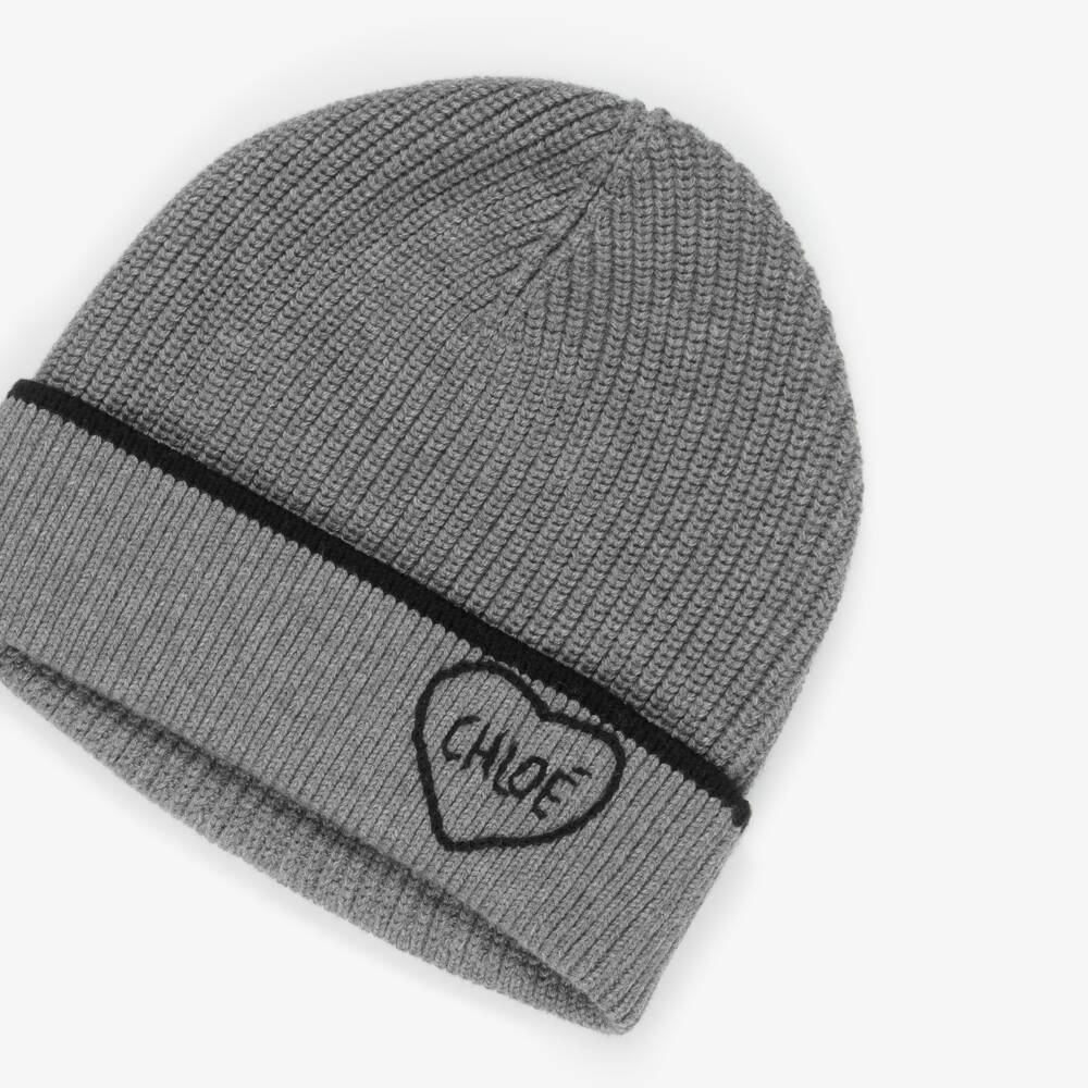 Chloé-Girls Grey Knitted Beanie Hat with Heart Logo | Childrensalon