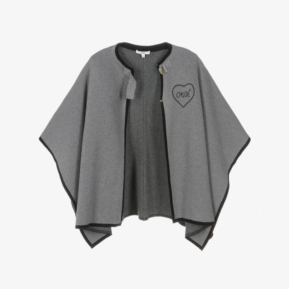 Chloé-Girls Grey Knitted Cape with Heart Logo | Childrensalon