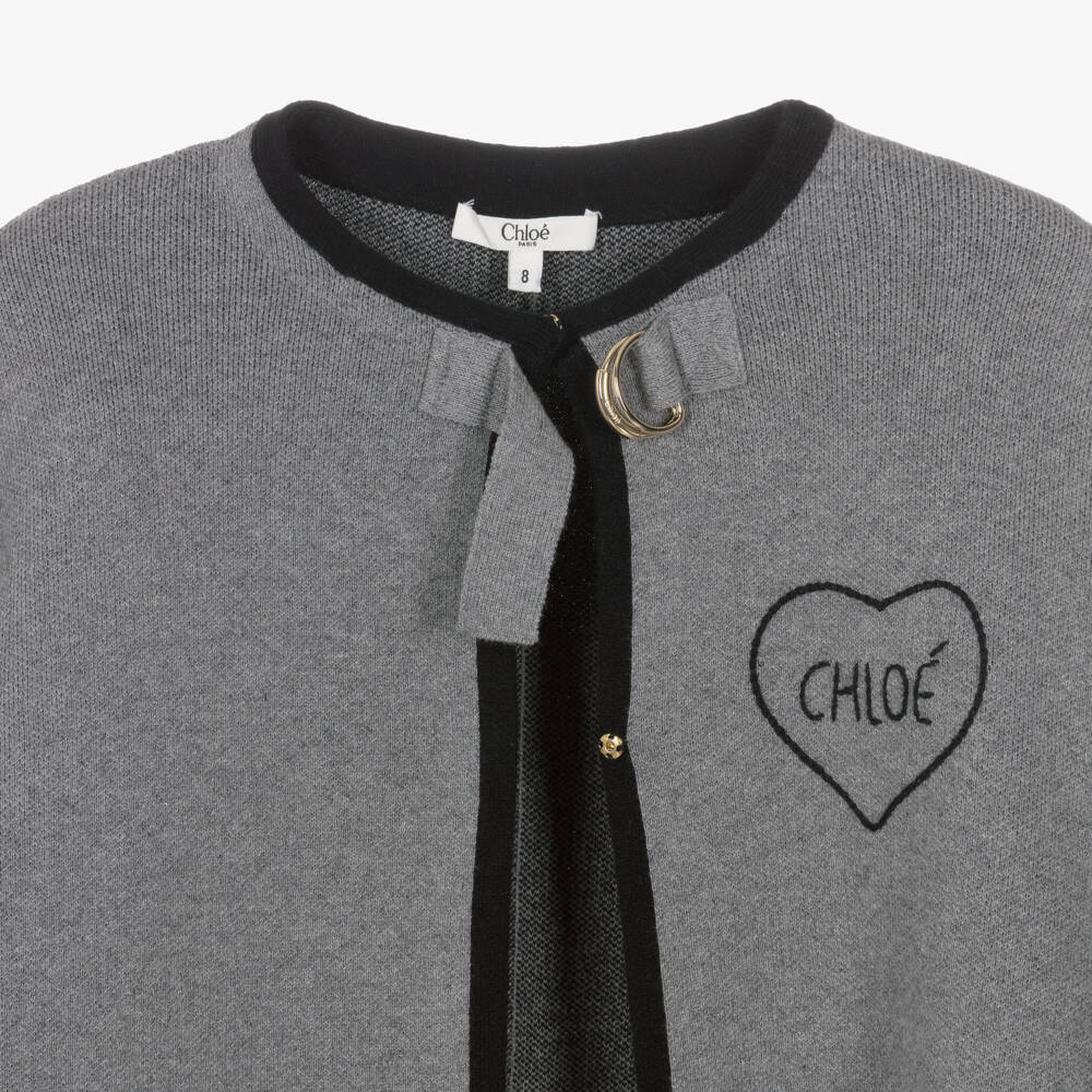 Chloé-Girls Grey Knitted Cape with Heart Logo | Childrensalon
