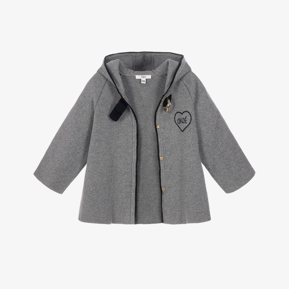 Chloé-Girls Grey Knitted Coat with Heart Logo Embroidery | Childrensalon