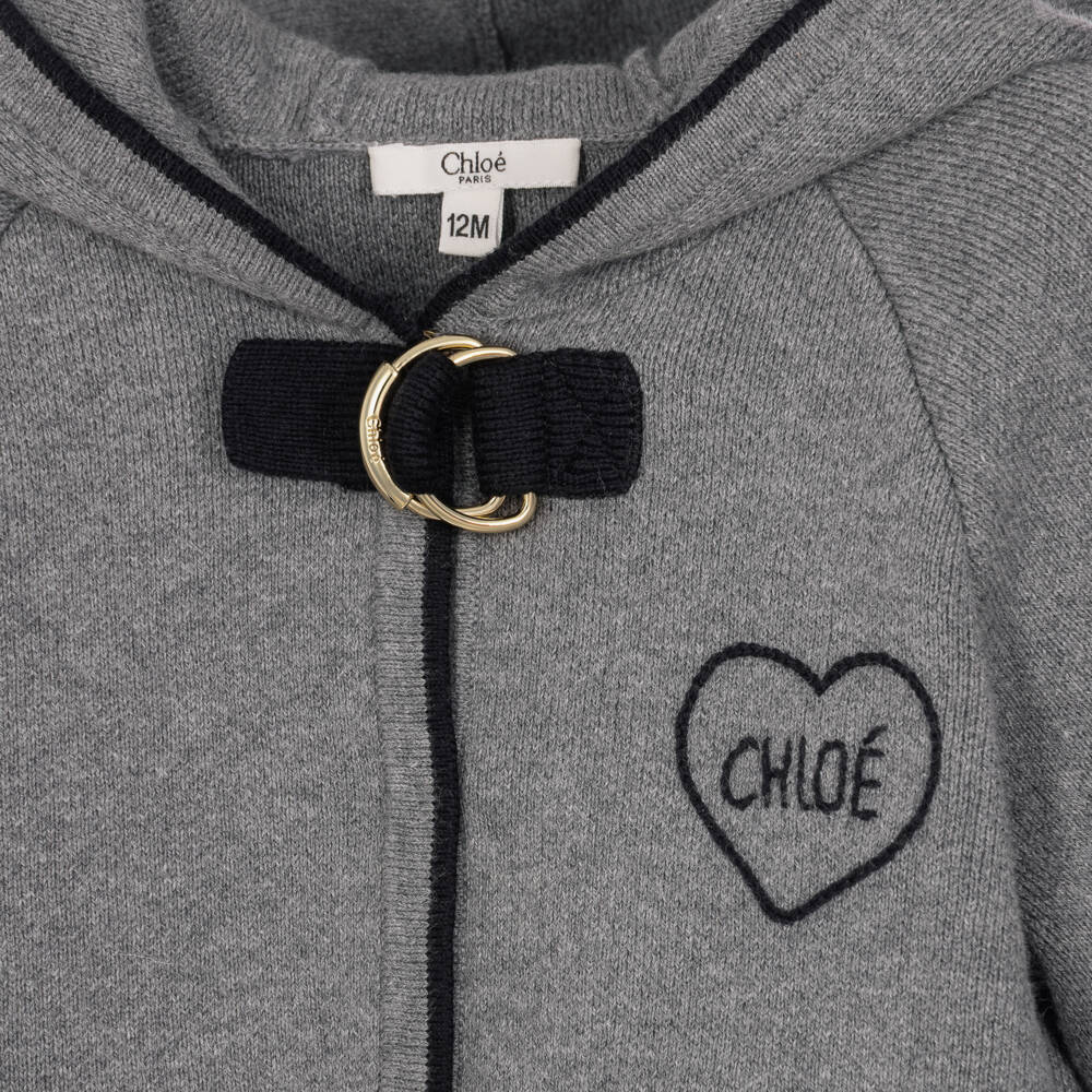 Chloé-Girls Grey Knitted Coat with Heart Logo Embroidery | Childrensalon