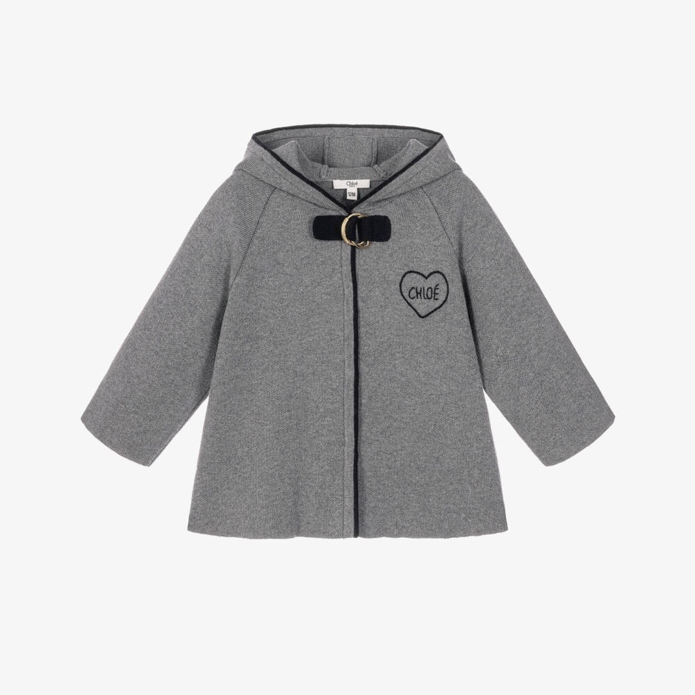 Chloé-Girls Grey Knitted Coat with Heart Logo Embroidery | Childrensalon