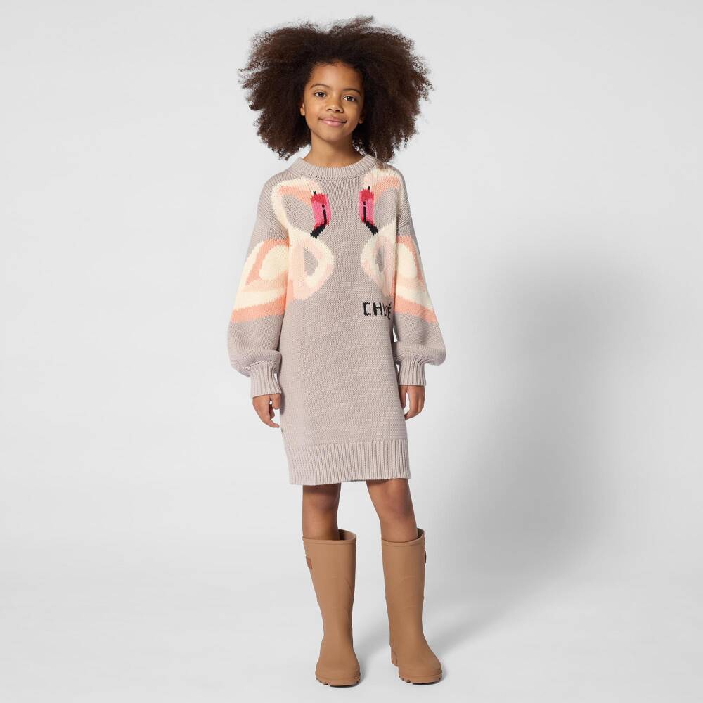Chloé-Girls Grey Knitted Flamingo Sweater Dress | Childrensalon