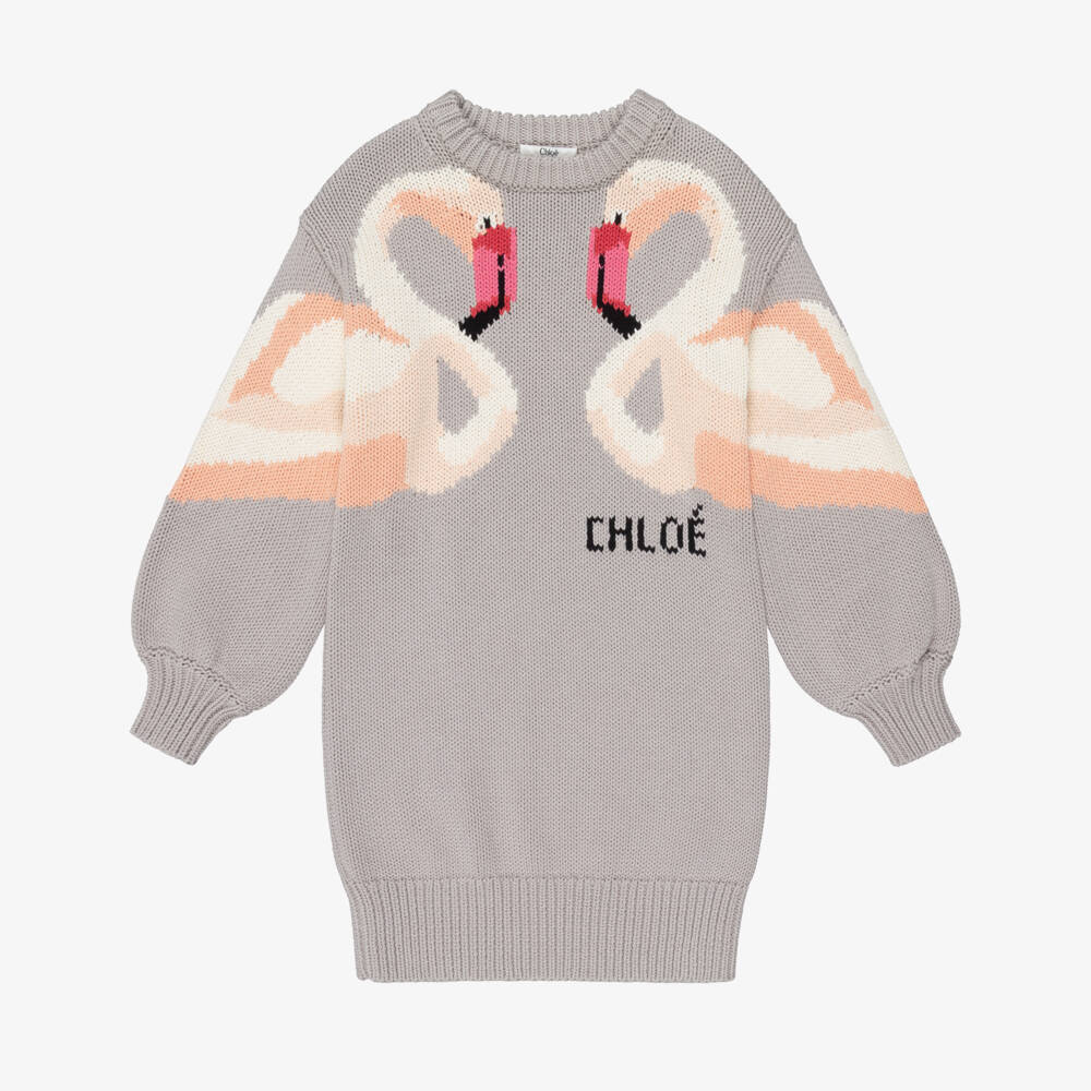 Chloé-Girls Grey Knitted Flamingo Sweater Dress | Childrensalon