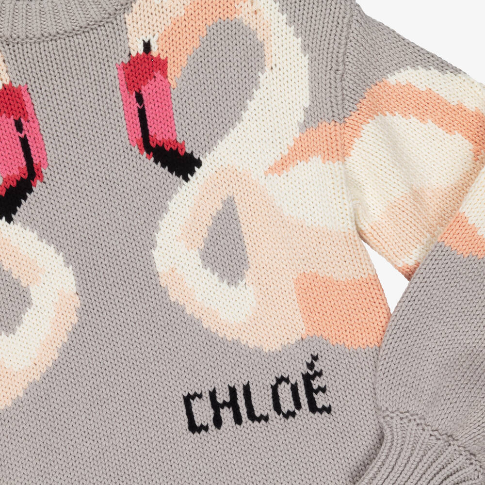 Chloé-Girls Grey Knitted Flamingo Sweater Dress | Childrensalon