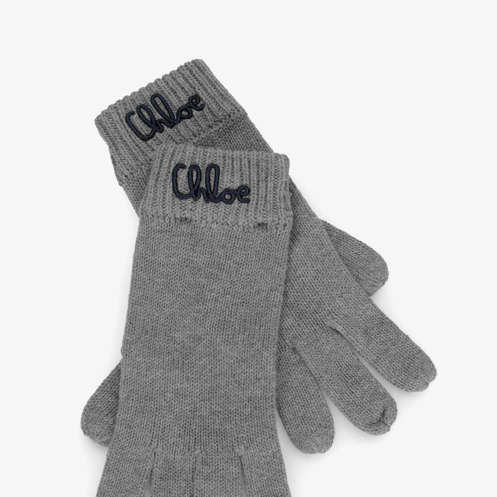 Chloé-Girls Grey Knitted Gloves with Embroidered Logo | Childrensalon