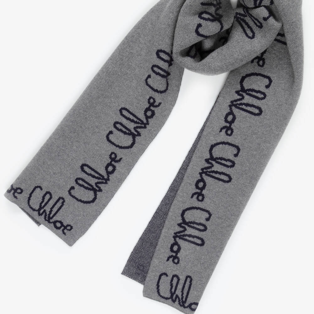 Chloé-Girls Grey Knitted Scarf with Navy Blue Chloé Logo | Childrensalon