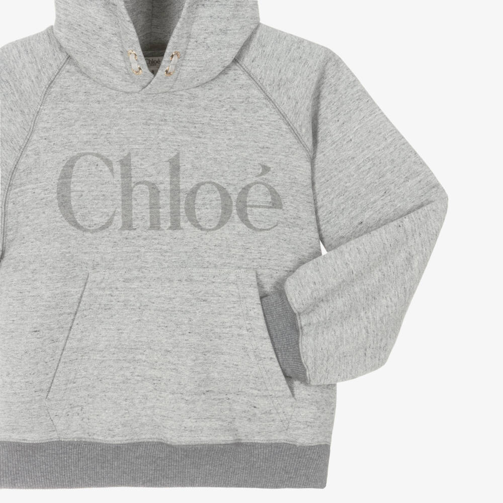 Chloé-Girls Grey Marl Cotton Hoodie with Faded Logo | Childrensalon