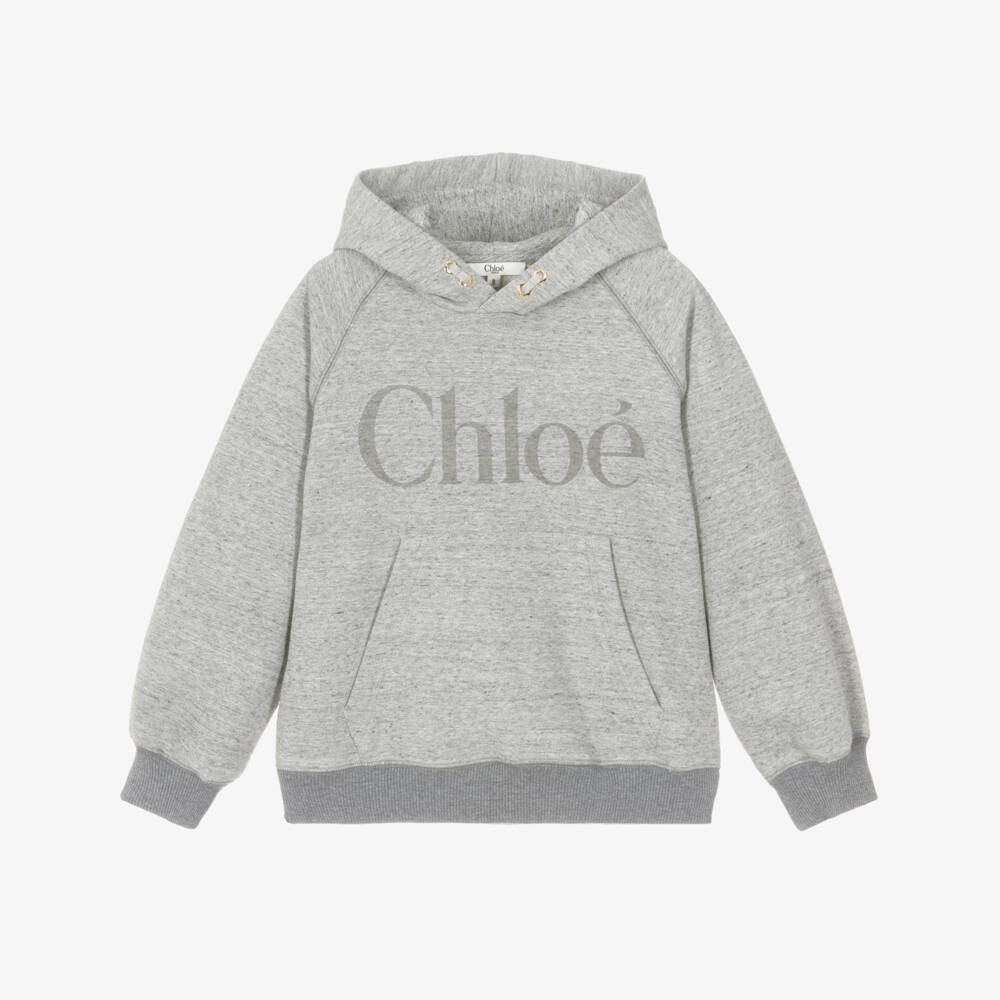 Chloé-Girls Grey Marl Cotton Hoodie with Faded Logo | Childrensalon