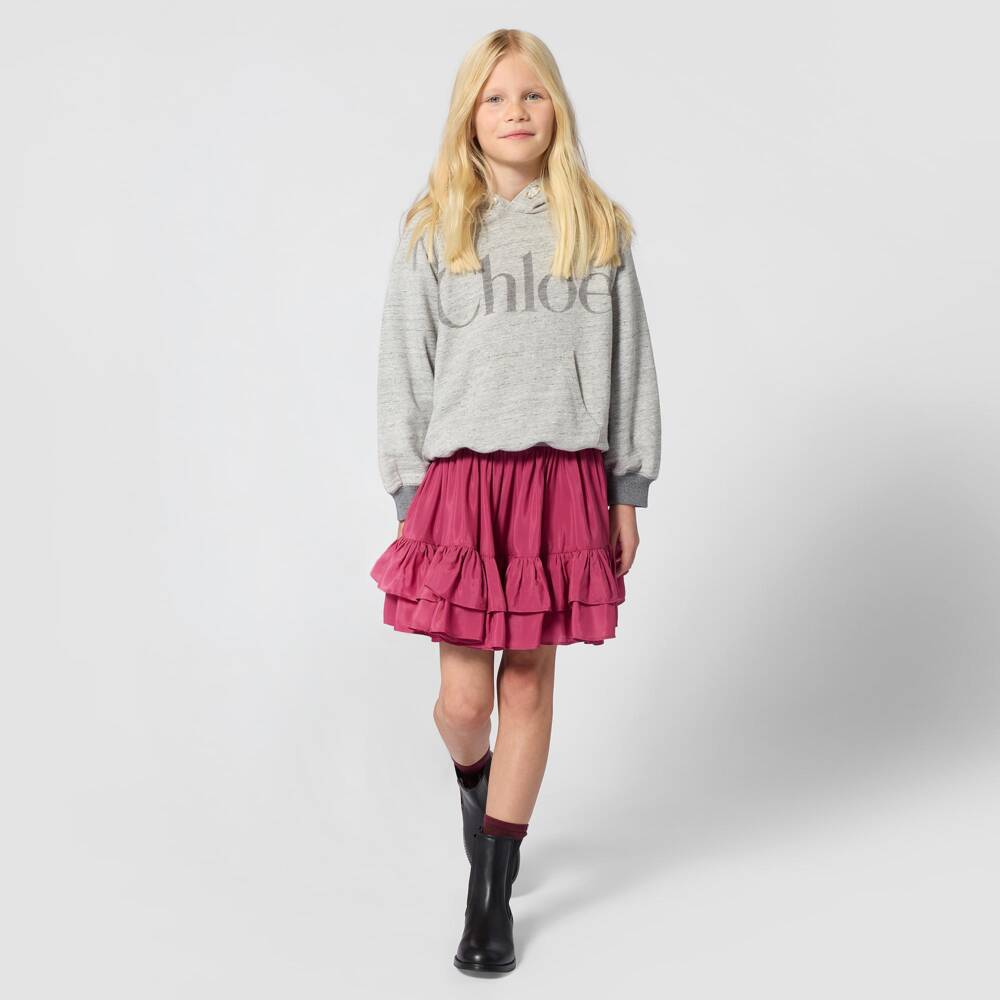 Chloé-Girls Grey Marl Cotton Hoodie with Faded Logo | Childrensalon