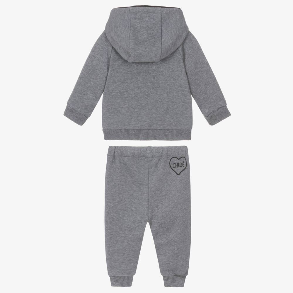 Chloé-Girls Grey Marl Cotton Tracksuit with Heart Logos | Childrensalon