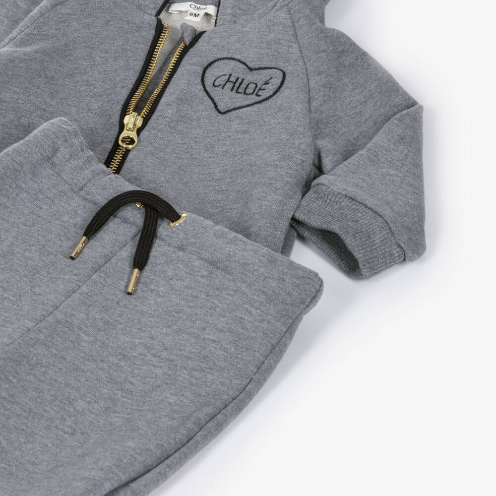 Chloé-Girls Grey Marl Cotton Tracksuit with Heart Logos | Childrensalon