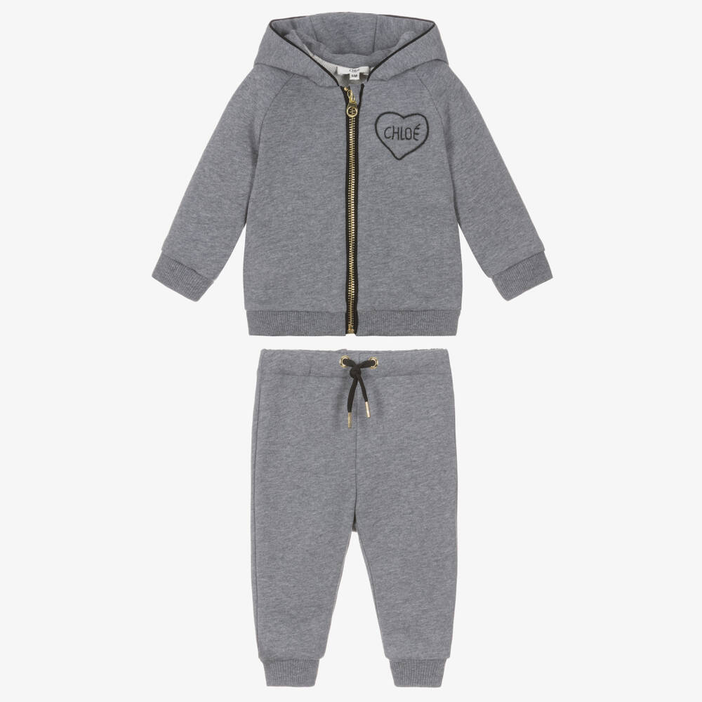 Chloé-Girls Grey Marl Cotton Tracksuit with Heart Logos | Childrensalon