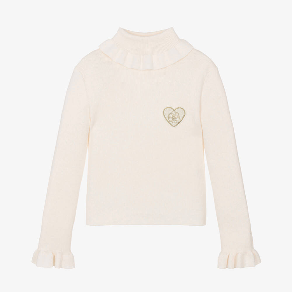 Chloé-Girls Ivory Blush Knitted Ruffle Roll Neck Top | Childrensalon