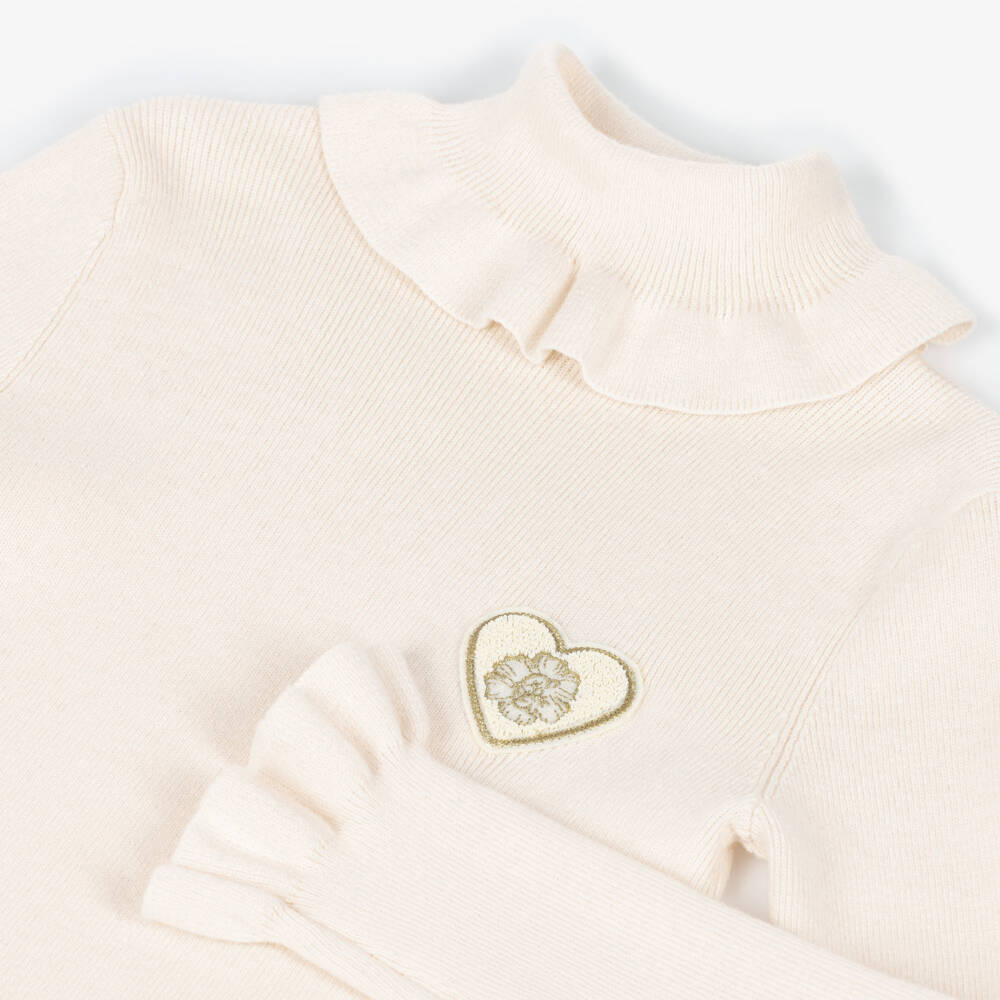 Chloé-Girls Ivory Blush Knitted Ruffle Roll Neck Top | Childrensalon