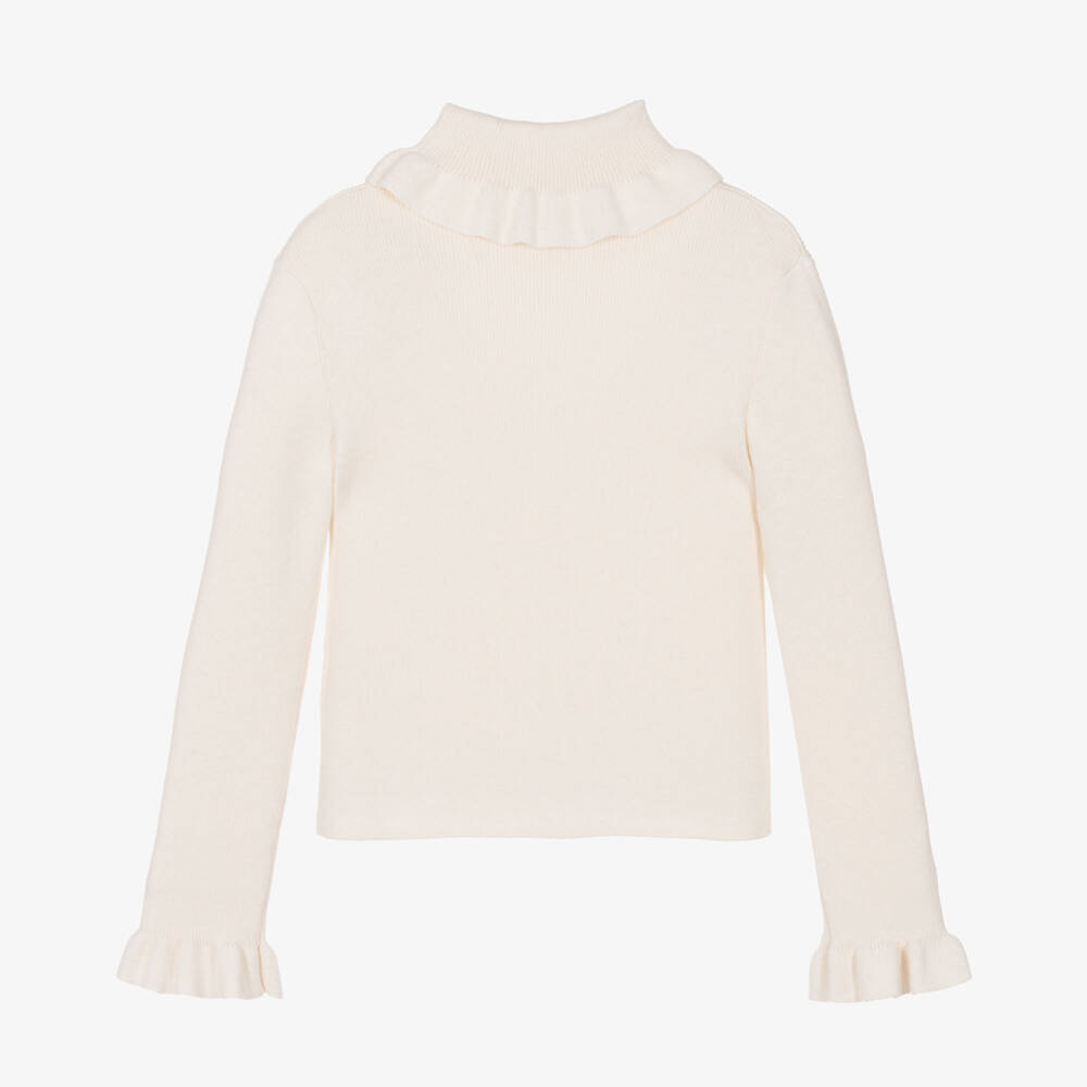 Chloé-Girls Ivory Blush Knitted Ruffle Roll Neck Top | Childrensalon