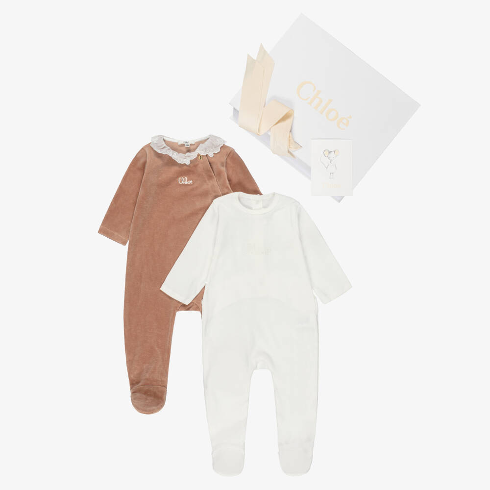 Chloé-Girls Ivory & Brown Cotton Babysuit Gift Set  | Childrensalon