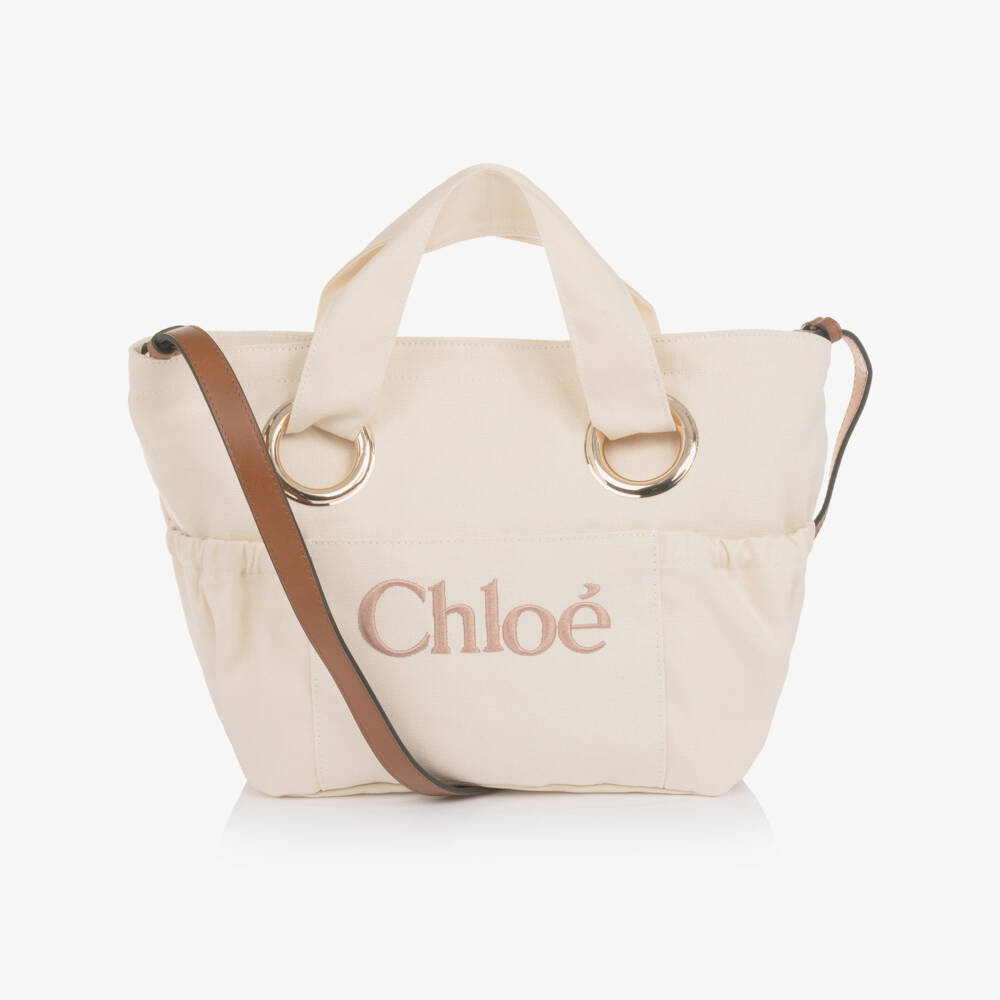 Chloé-Girls Ivory Canvas Tote Bag with Embroidered Logo (40cm) | Childrensalon