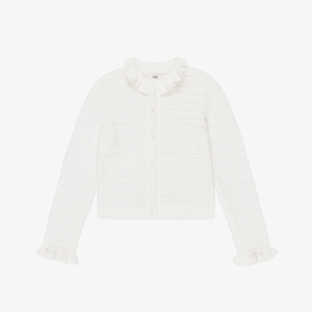Chloé-Girls Ivory Cotton Knit Cardigan with Ruffles | Childrensalon