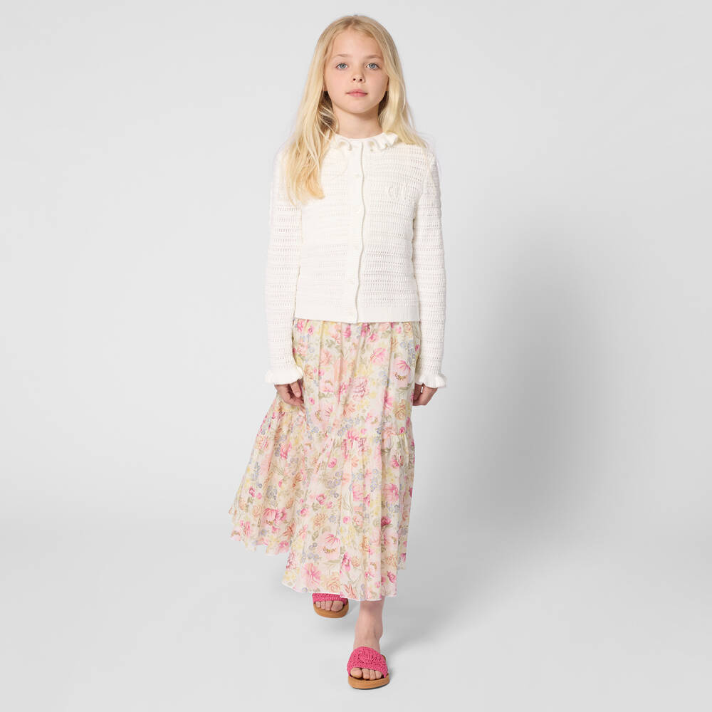 Chloé-Girls Ivory Cotton Knit Cardigan with Ruffles | Childrensalon