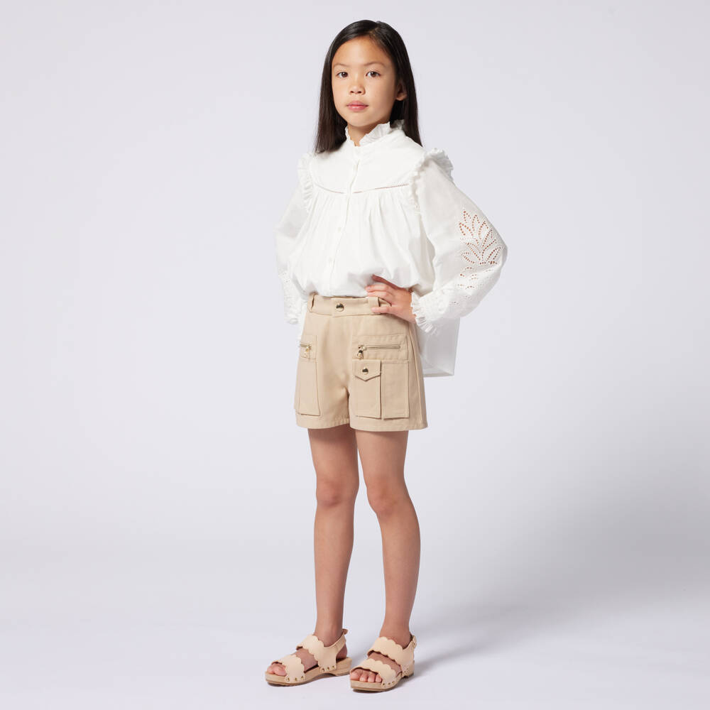 Chloé-Girls Ivory Cotton Ruffle Blouse | Childrensalon
