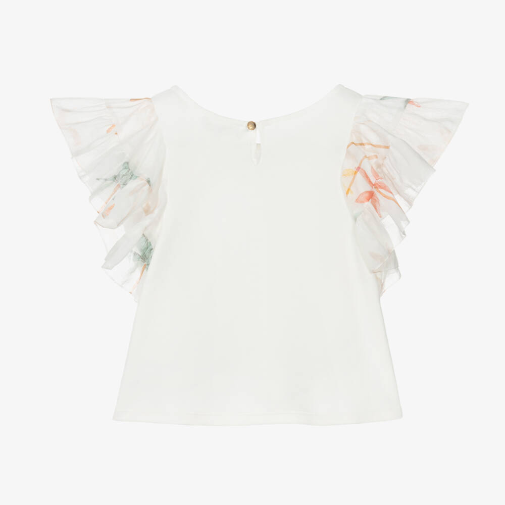 Chloé-Girls Ivory Cotton Ruffle T-Shirt | Childrensalon
