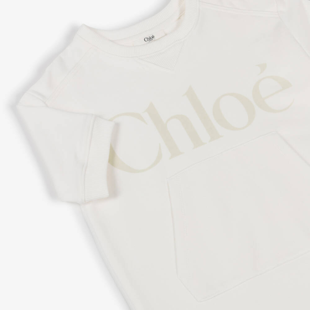 Chloé-Girls Ivory Cotton Sweatshirt Dress with Logo Print | Childrensalon