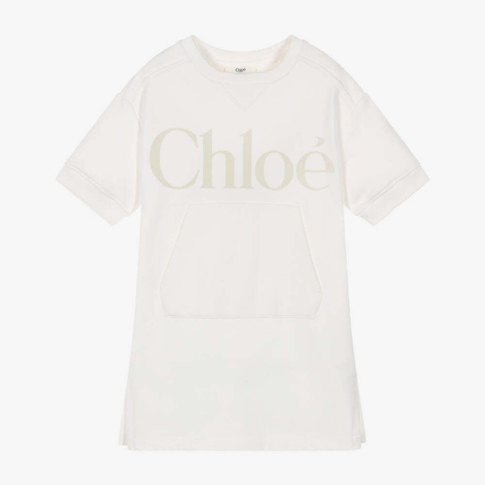 Chloé-فستان بنات بتصميم سويتشيرت جيرسي بطبعة شعار لون عاجي | Childrensalon