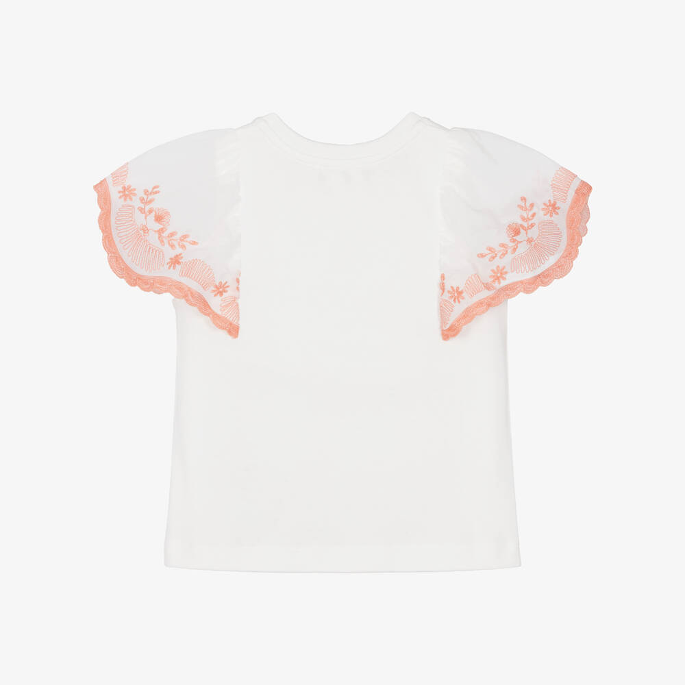 Chloé-Girls Ivory Cotton T-Shirt with Embroidered Voile Sleeves | Childrensalon