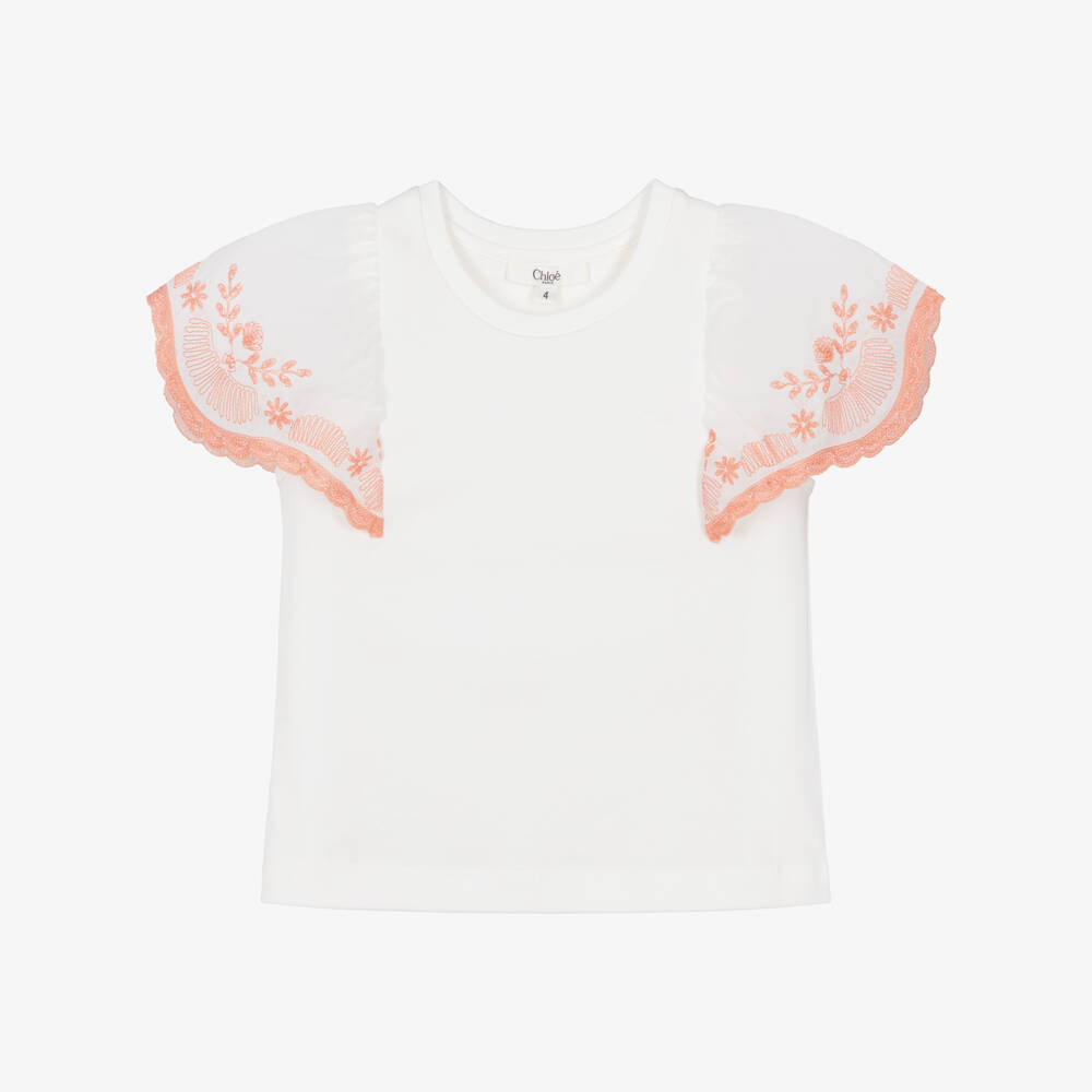 Chloé-Girls Ivory Cotton T-Shirt with Embroidered Voile Sleeves | Childrensalon