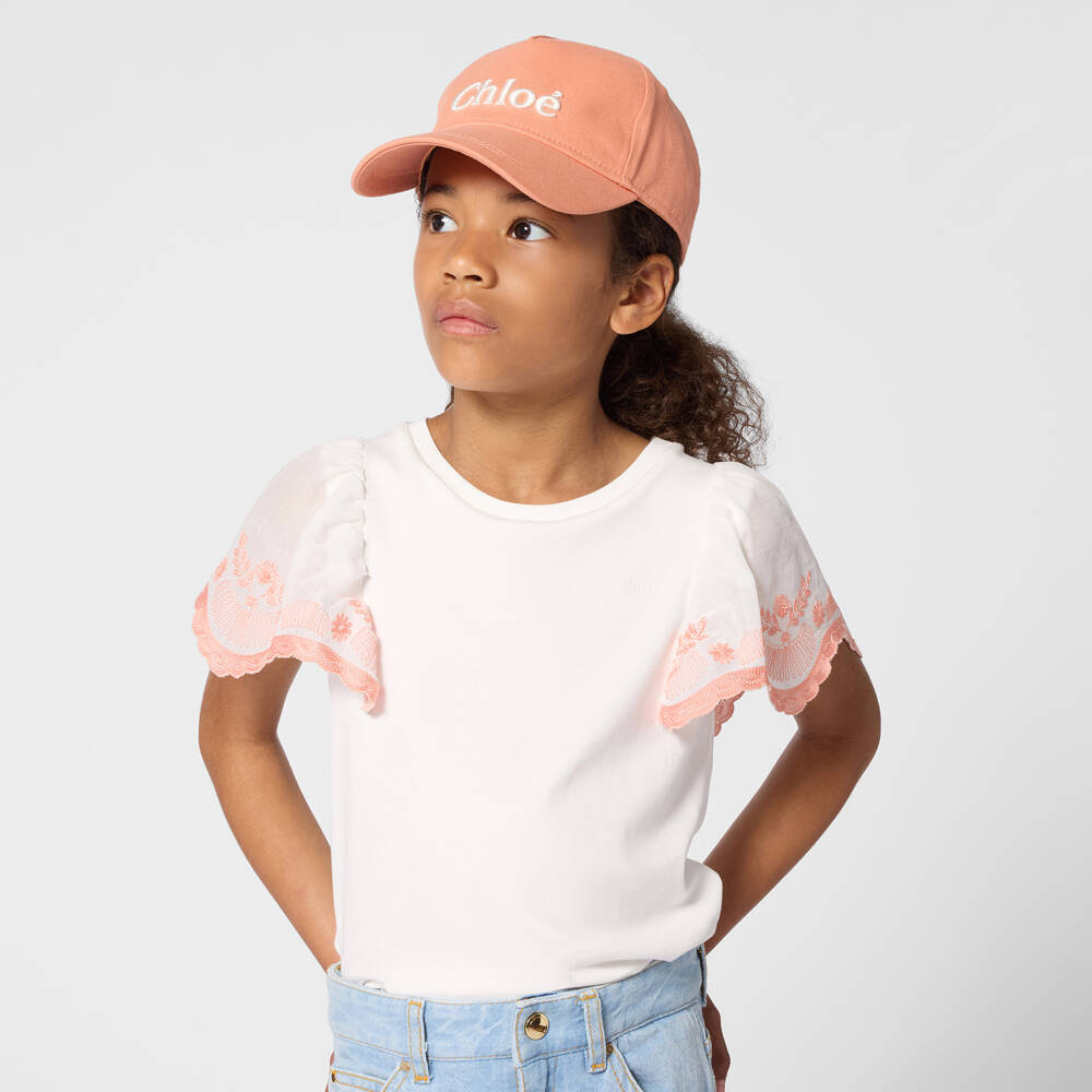 Chloé-Girls Ivory Cotton T-Shirt with Embroidered Voile Sleeves | Childrensalon