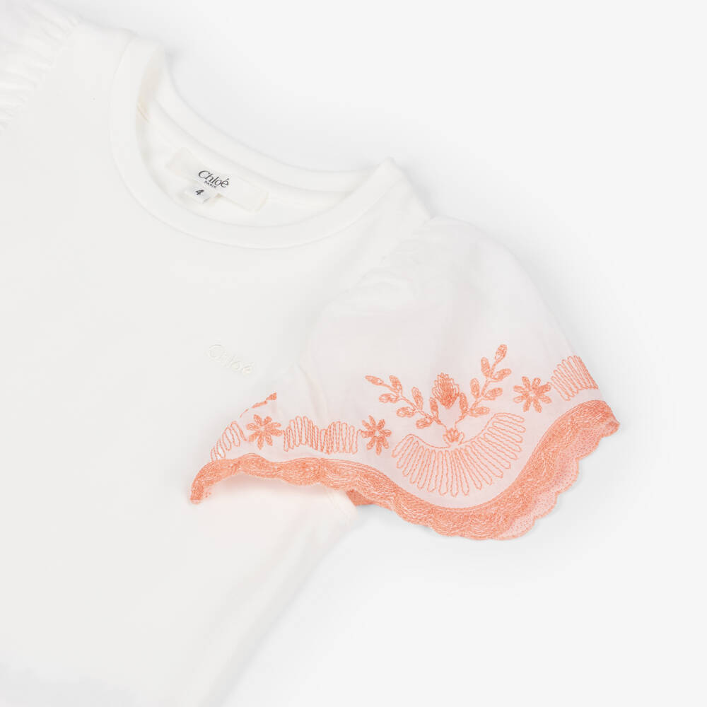 Chloé-Girls Ivory Cotton T-Shirt with Embroidered Voile Sleeves | Childrensalon