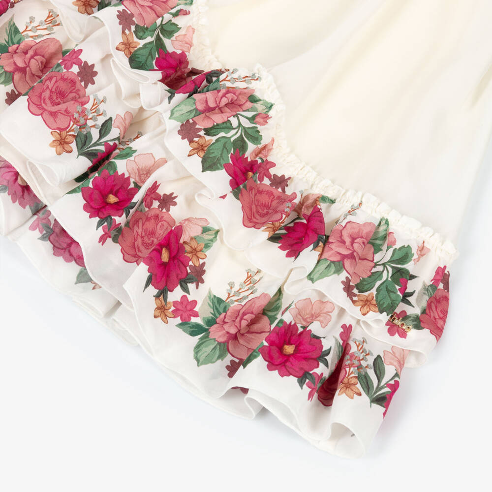 Chloé-Girls Ivory Crêpe Floral Print Ruffle Dress | Childrensalon