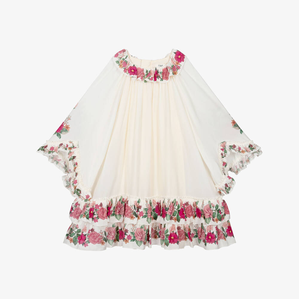 Chloé-Girls Ivory Crêpe Floral Print Ruffle Dress | Childrensalon