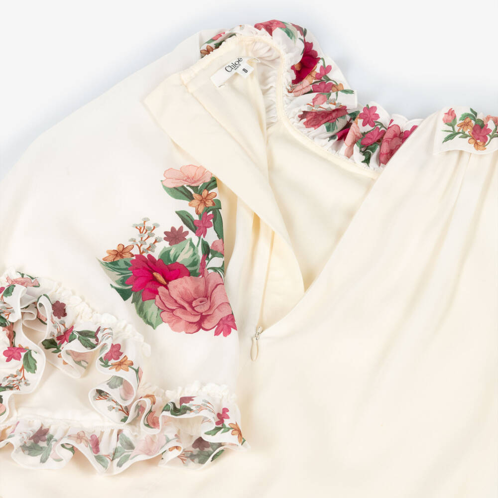 Chloé-Girls Ivory Crêpe Floral Print Ruffle Dress | Childrensalon