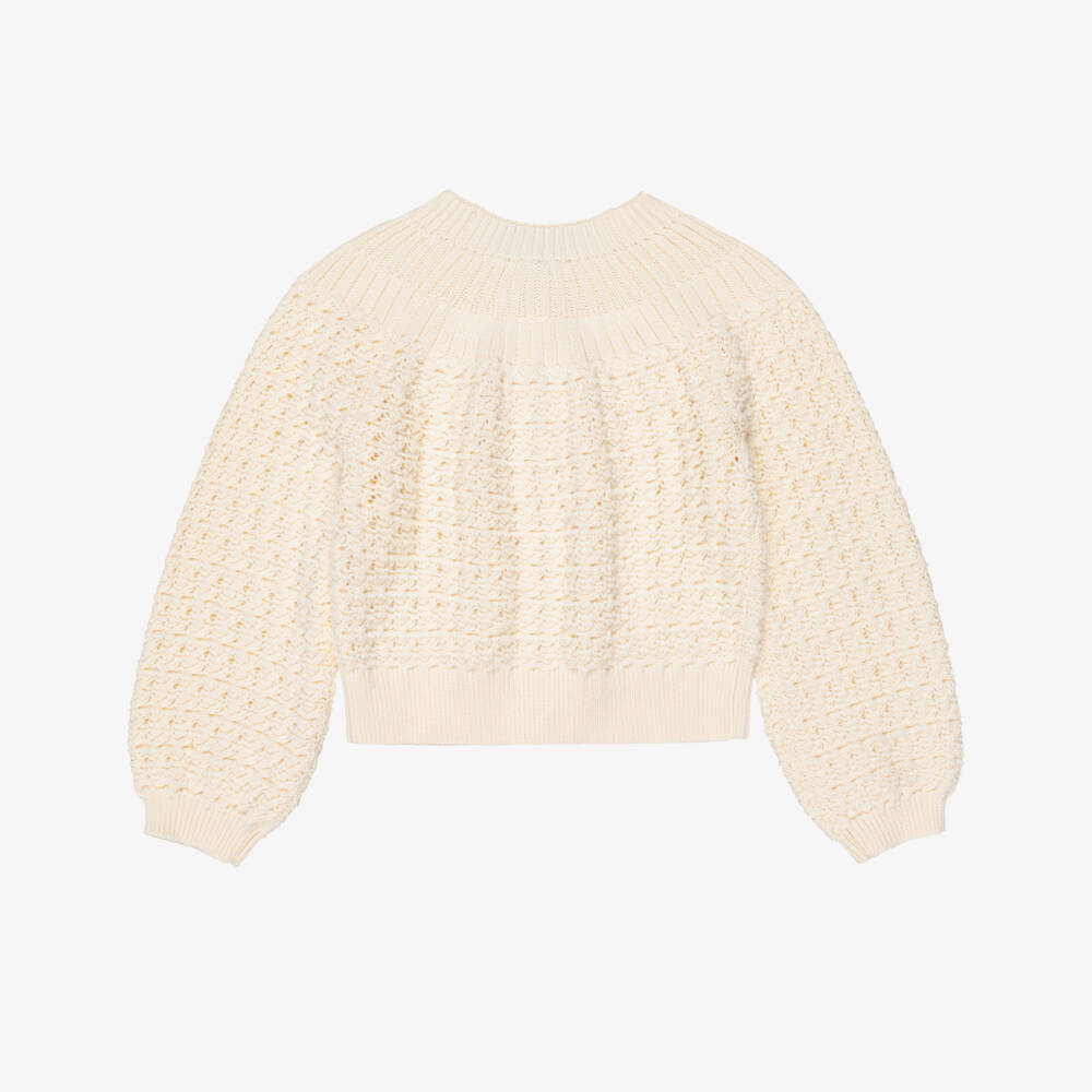Chloé-Girls Ivory Knitted Cotton Cardigan | Childrensalon