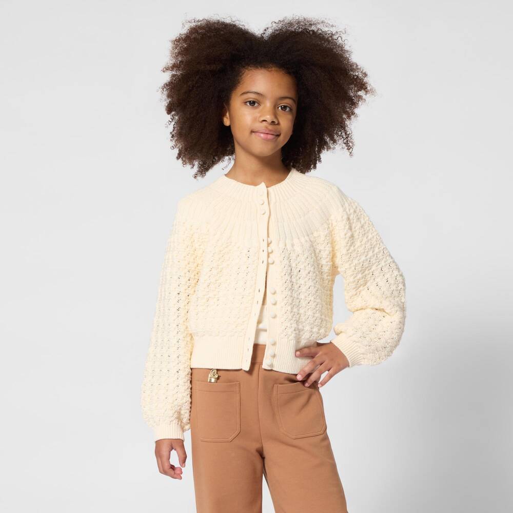 Chloé-Girls Ivory Knitted Cotton Cardigan | Childrensalon