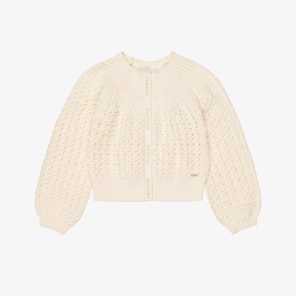 Chloé-Girls Ivory Knitted Cotton Cardigan | Childrensalon