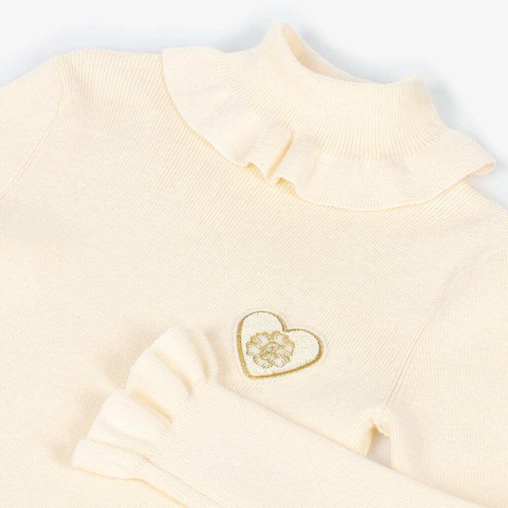 Chloé-Girls Ivory Knitted Ruffle Roll Neck Top | Childrensalon