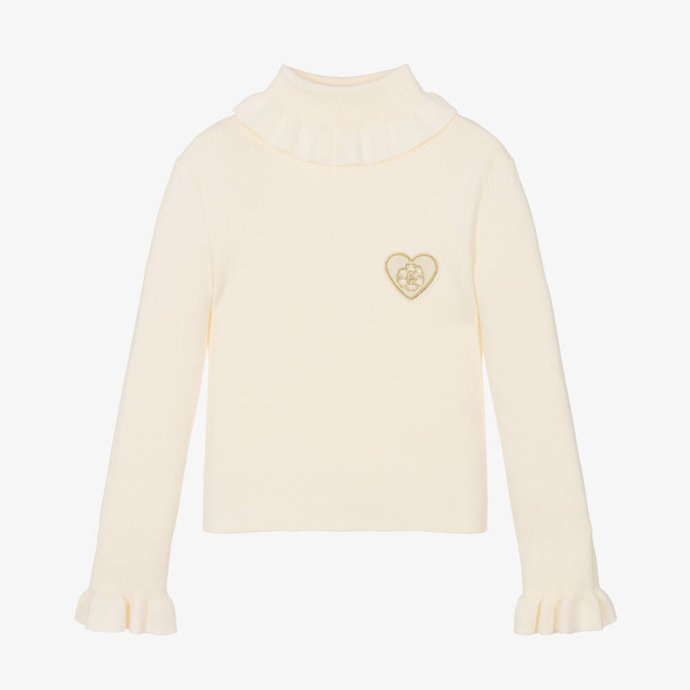 Chloé-Girls Ivory Knitted Ruffle Roll Neck Top | Childrensalon
