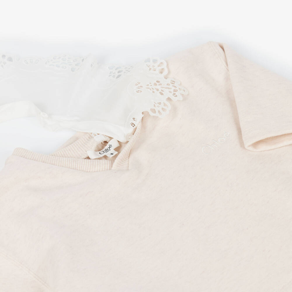 Chloé-Girls Ivory Layered Jersey Dress with Broderie Collar | Childrensalon