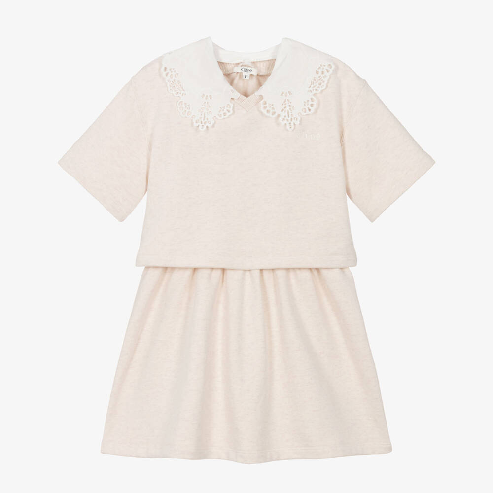 Chloé-Girls Ivory Layered Jersey Dress with Broderie Collar | Childrensalon