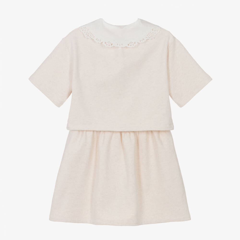 Chloé-Girls Ivory Layered Jersey Dress with Broderie Collar | Childrensalon